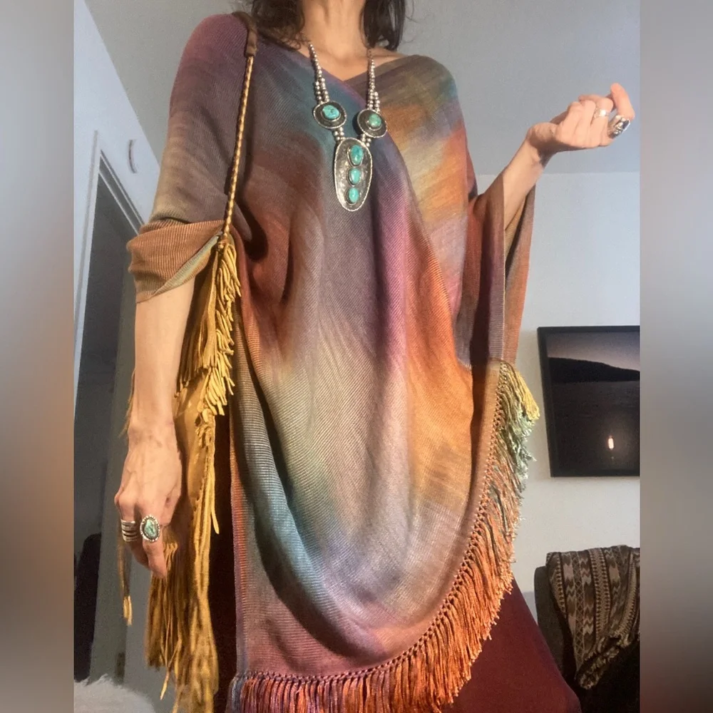 Vtg HAND WOVEN Silk poncho infinity scarf 70’s 60’s rainbow fringe bohemian art - Picture 1 of 5